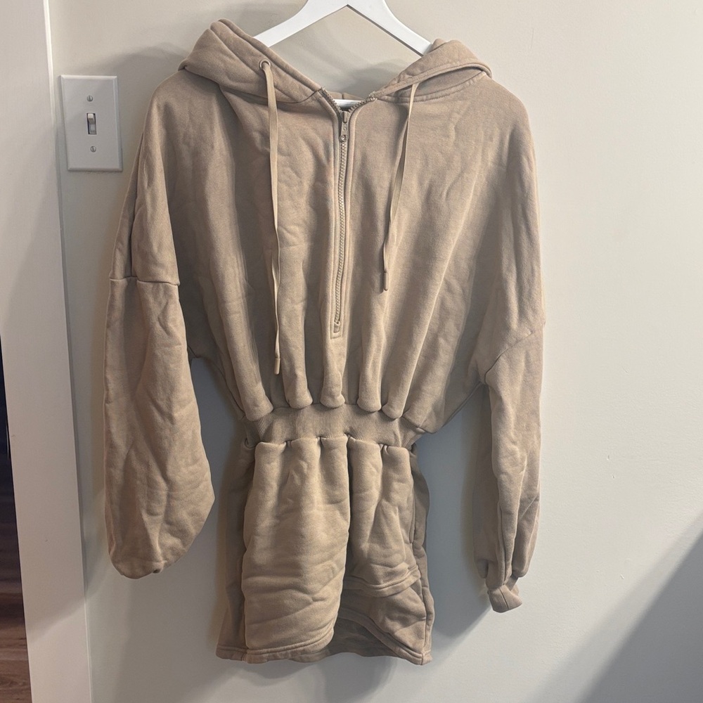 POPFLEX Taupe Hooded Zip-Up Dress